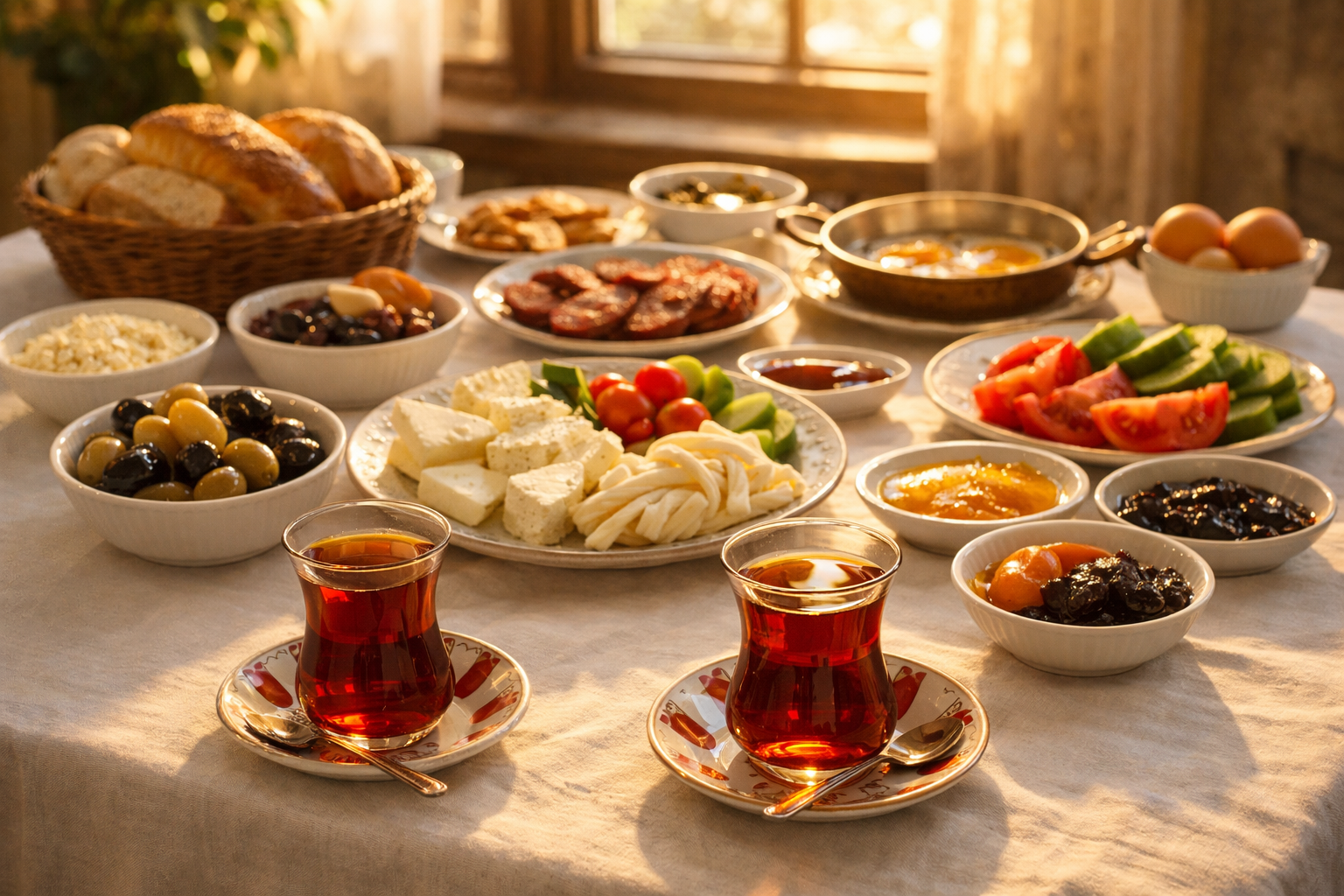 Sabah güneşinde aydınlanan geleneksel Türk kahvaltı sofrası