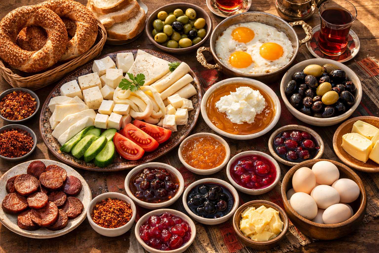 Zengin bir Türk kahvaltı sofrası, çeşitli peynirler, zeytinler, domates ve taze ekmeklerle donatılmış