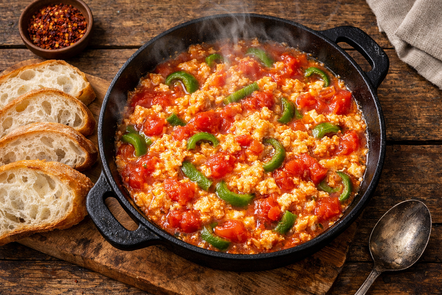 Tavada taze pişirilmiş menemen, yanında ekmek dilimleri