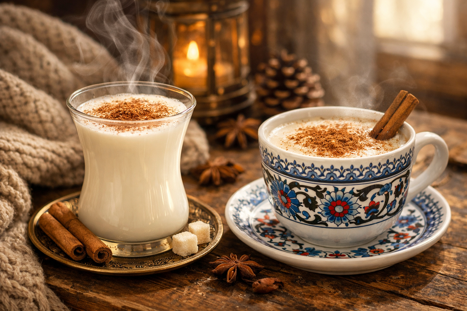 Tarçın serpilmiş sıcak süt ve yanında salep