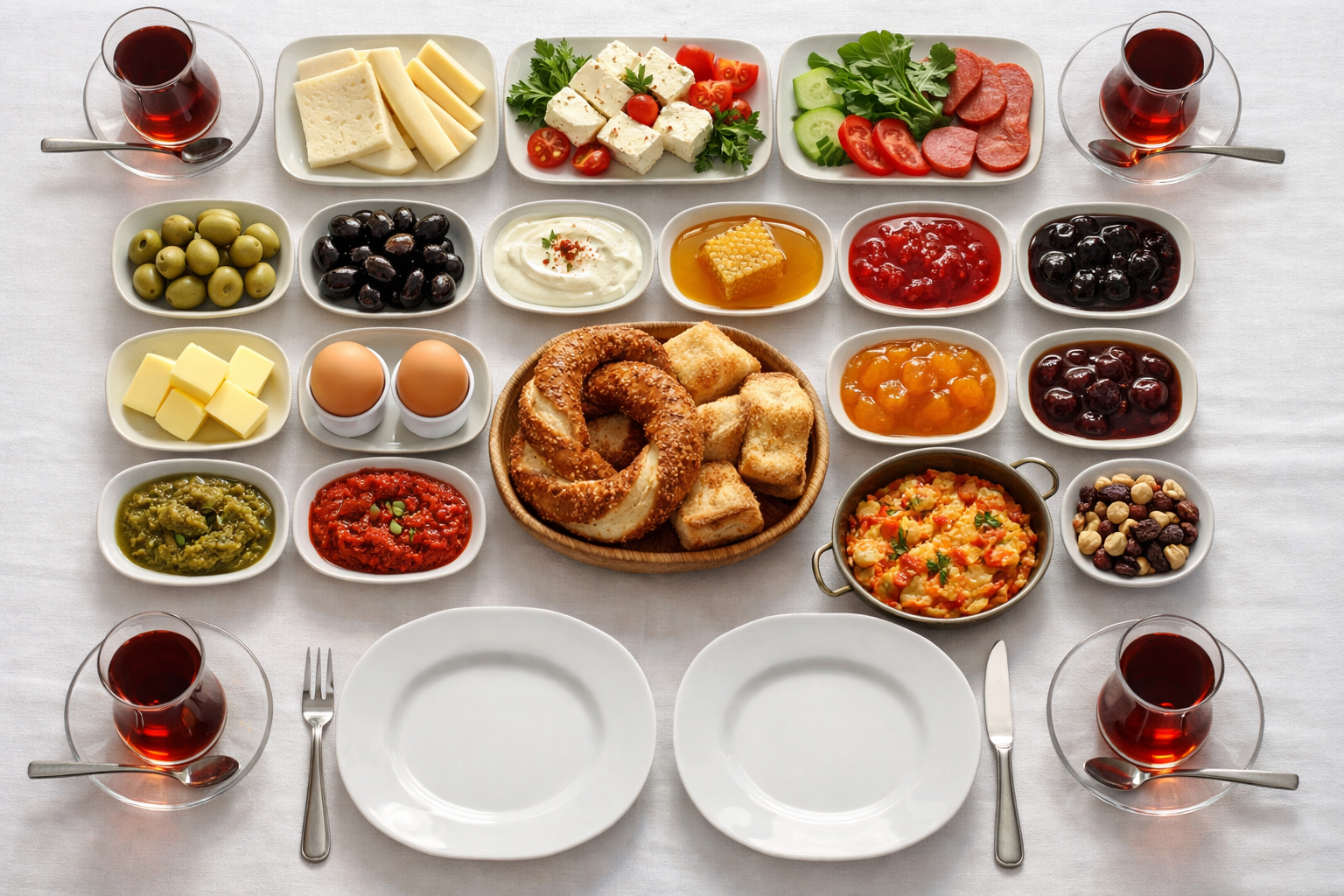 Düzenli kurulmuş Türk kahvaltı sofrası, küçük kâseler ve tabaklar sıralı biçimde yerleştirilmiş